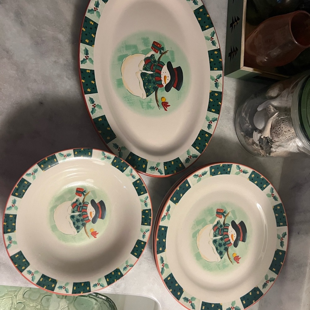 Holiday Snowman and Cardinal Stoneware Dinnerware